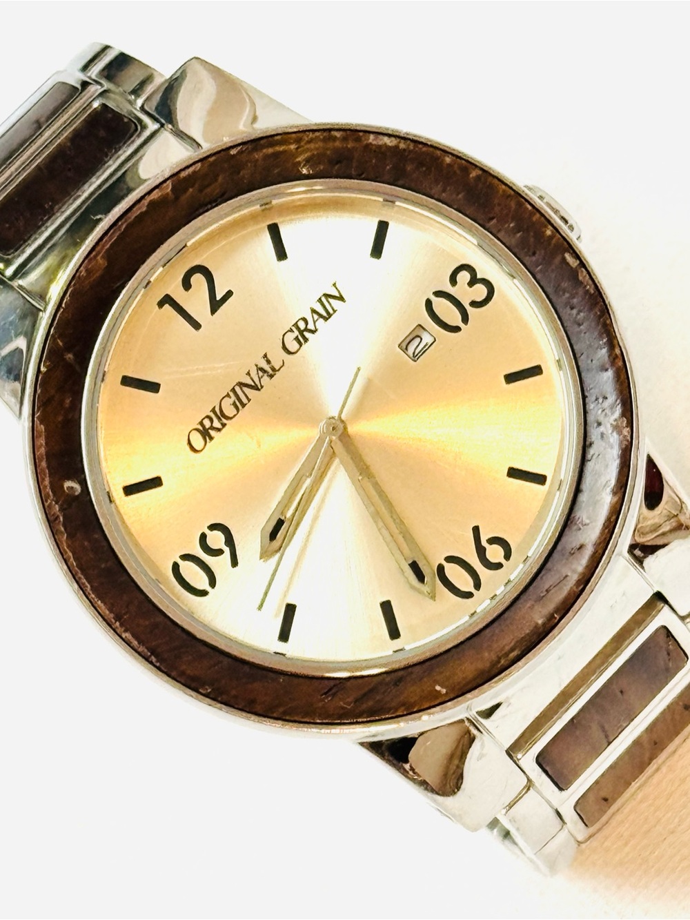 Original Grain OG 47mm Big Face Men's 7.25" MAX Silver Stainless Wood Date Watch